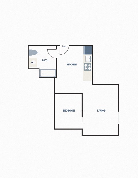 A floor plan of a home with a bedroom, living room, and kitchen.